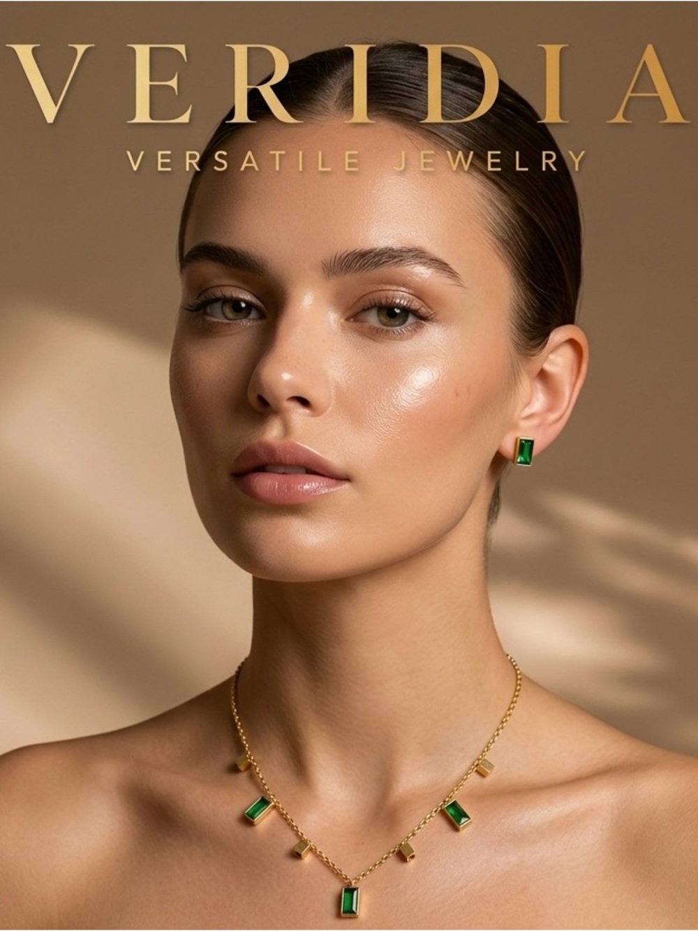 Green Emerald-Style Pendant Necklace & Stud Earrings Set